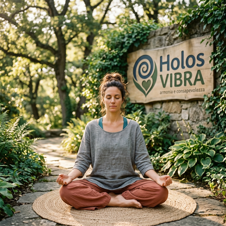 Woman sitting cross-legged in meditation outdoors in a garden at Holos Vibra center